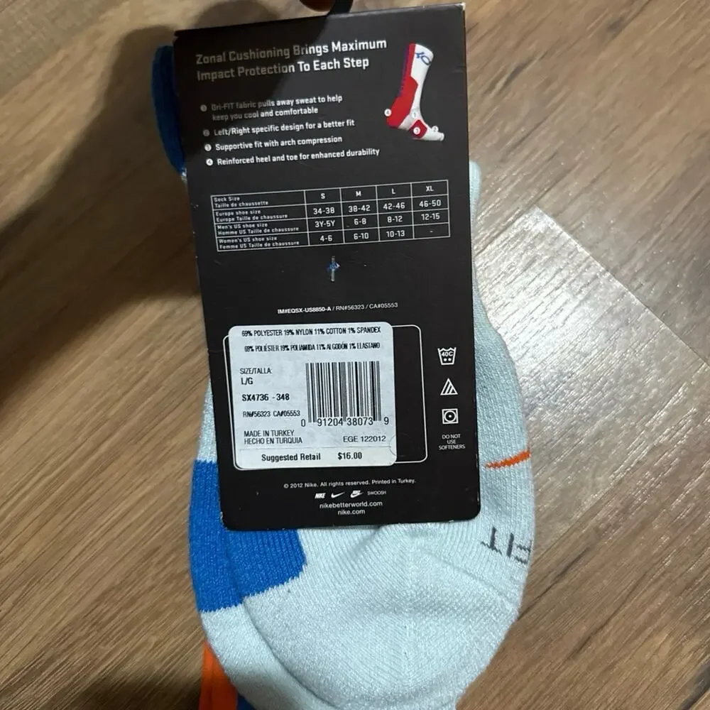 2012 Nike KD Elite Cushioned Basketball Dri-Fit Blue Orange Vintage Crew Socks